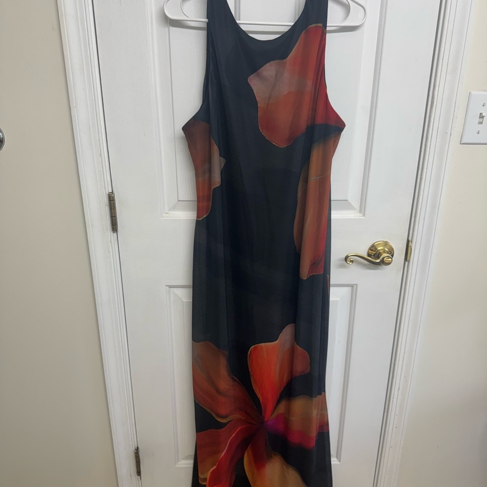 Chic Black Maxi Dress with Red Floral Design